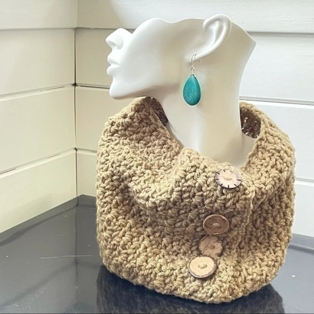 Handmade Salted Caramel Taupe Cowl Statement Scarf Button Accent Knit Crochet